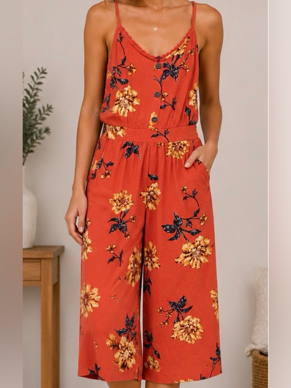 Bobbie Brooks Rust Floral Button-Front Wide-Leg Jumpsuit